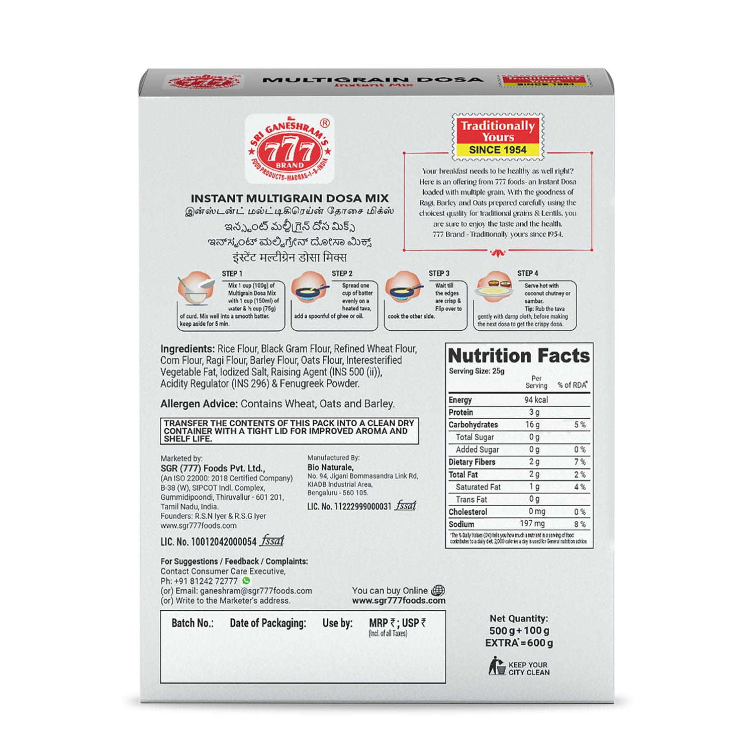 777 Multigrain Dosa Instant Mix 500g + 100g - Image 2