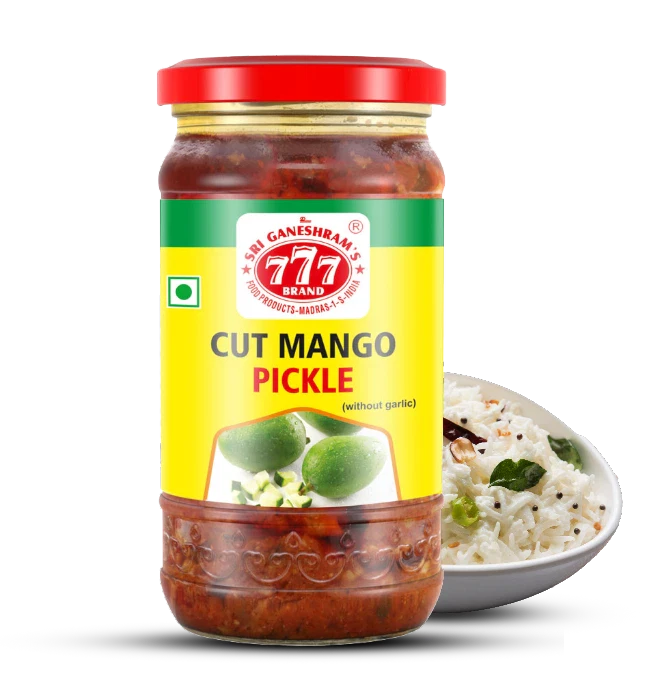 Traditional Cut Mango Pickle in a jar, made with fresh raw mango pieces, aromatic spices, and oil for a tangy, spicy flavor.