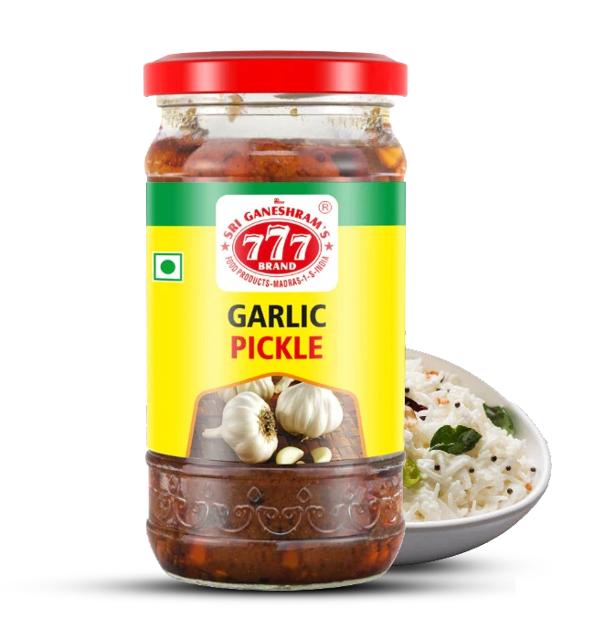 Authentic Garlic Pickle in a jar, made with fresh garlic cloves, aromatic spices, and oil for a rich, bold, and spicy flavor.