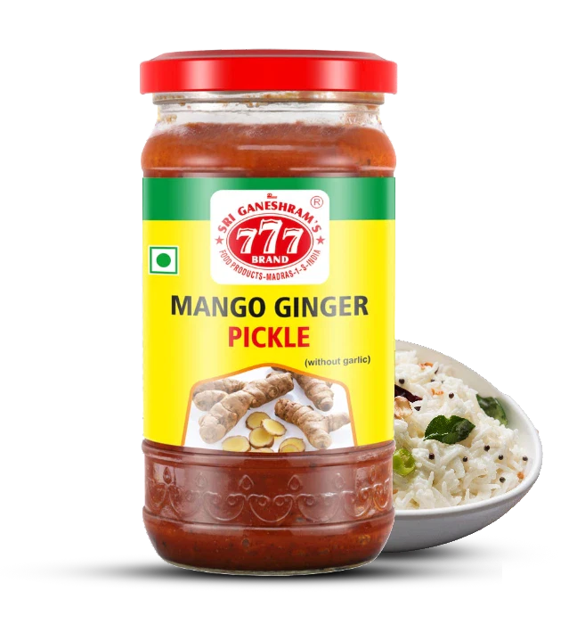 Authentic Mango Ginger Pickle in a jar, made with fresh mango ginger, aromatic spices, and oil for a tangy and mildly spicy flavor