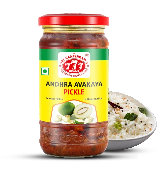 Authentic Andhra Avakaya Pickle in a jar, made with raw mangoes, mustard seeds, and traditional spices for a bold, spicy flavor.