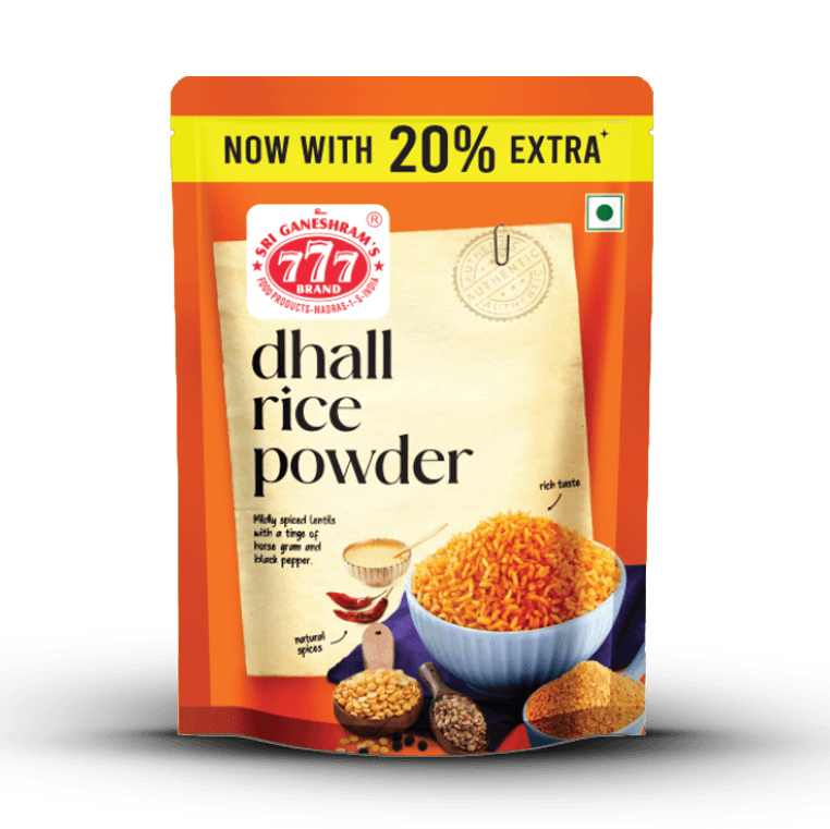 Aromatic Spiced Dhall Powder, a flavorful blend of lentils and spices, perfect for mixing with rice and ghee for a tasty meal.