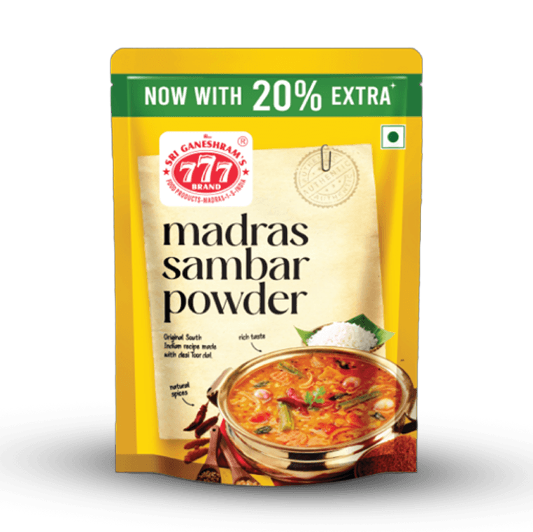 Authentic Madras Sambar Powder with a rich blend of spices for a flavorful and aromatic South Indian sambar experience.
