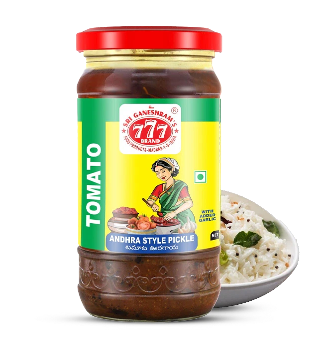 Authentic Tomato Pickle in a jar, made with sun-ripened tomatoes, aromatic spices, and oil for a rich, tangy, and spicy flavor.