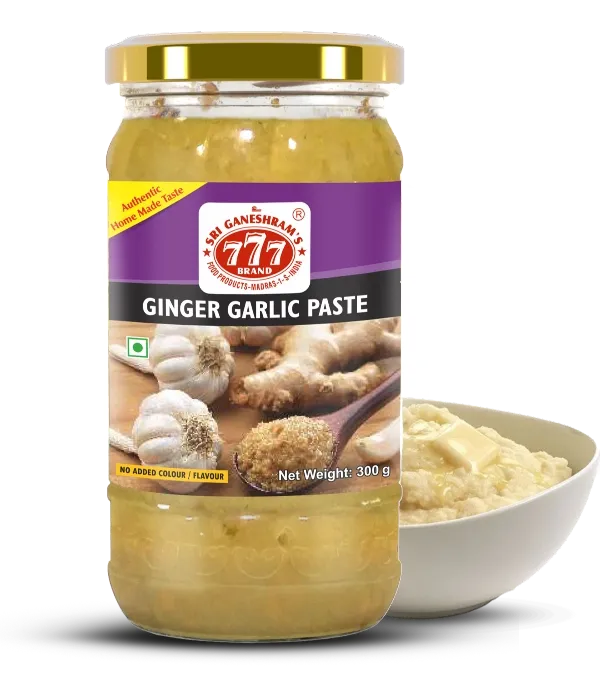 Aromatic Ginger Garlic Paste, made from fresh ginger and garlic, perfect for enhancing flavors in curries, gravies, and marinades.