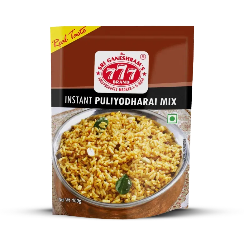 Flavorful Rice Puliyotharai Mix, a tangy and spicy tamarind-based blend for making authentic South Indian Puliyodharai rice.