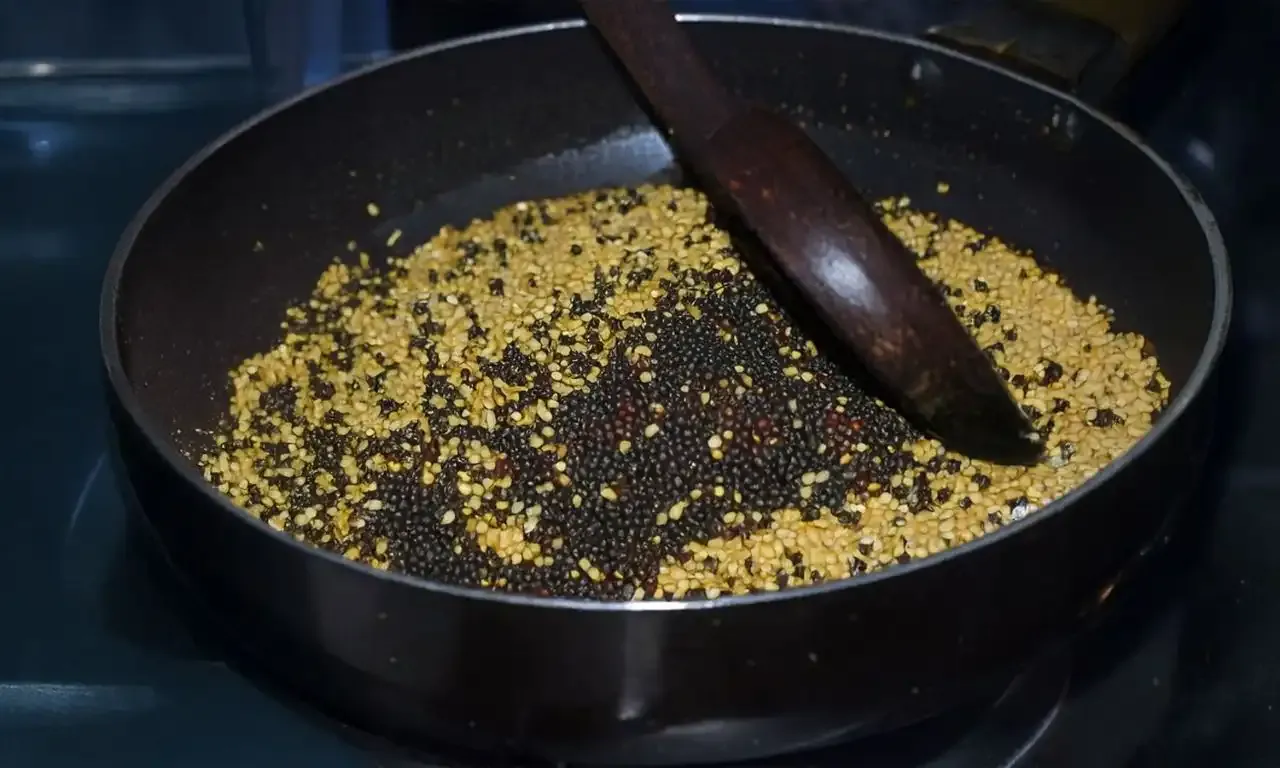 3. In the same pan, fry everything else except turmeric.