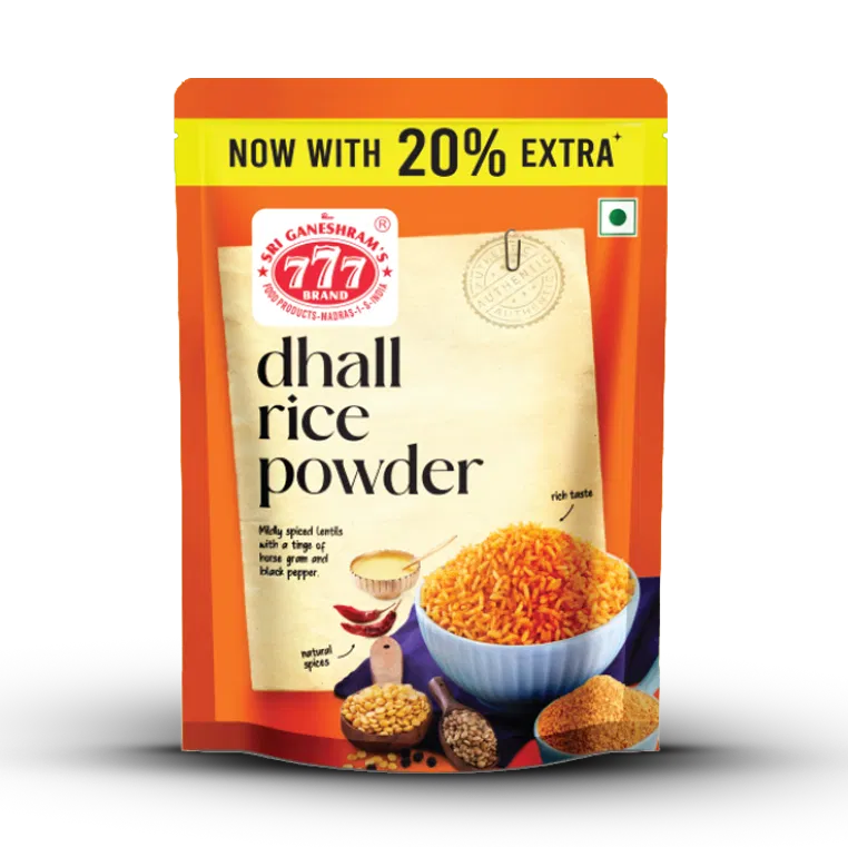 Aromatic Spiced Dhall Powder, a flavorful blend of lentils and spices, perfect for mixing with rice and ghee for a tasty meal.
