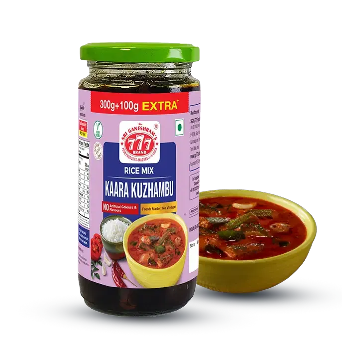 Kaara Kuzhambu rice paste, a traditional South Indian dish with a rich, flavorful sauce served over white rice.