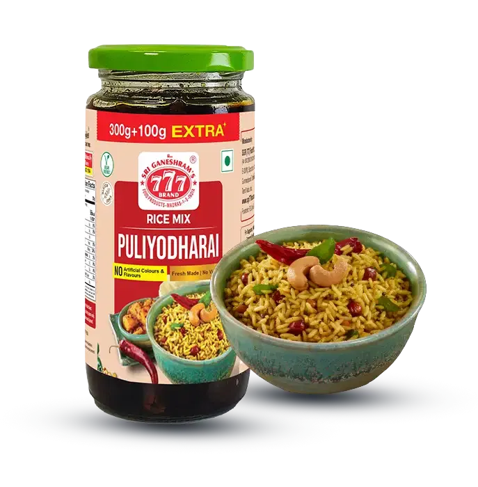 Traditional puliyotharai rice paste, a tangy and spiced blend perfect for preparing South Indian tamarind rice.